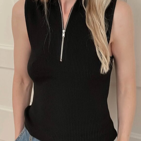 OAK+FORT Sleeveless Mock Neck Half-Zip Sweater in Black Size XS (NWOT) - Picture 5 of 6